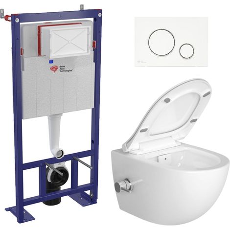Swiss Aqua Technologies Pack WC bâti-autoportant + WC sans bride Infinitio fonction bidet thermostatique + Abattant softclose + Plaque blanche/chrome (1/5)