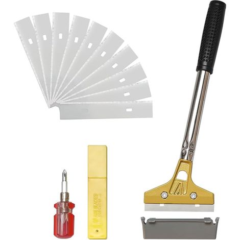 Grattoir Vitre (1 Pièce) avec 10 Lames en Acier au Carbone 100mm Manche Long de 30cm et Protection pour Enlever Peinture Papier Peint Colle Nettoyer Carrelage Miroirs Cuisinières (1/5)