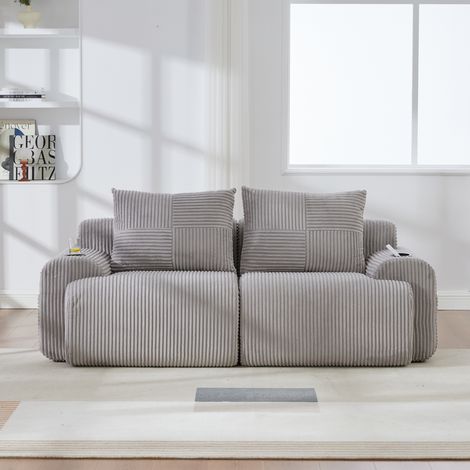 Canapé modulaire en velours côtelé 2 places, combinable librement, emballé sous vide, avec porte-gobelet et poche de rangement latérale. Idéal pour le salon, la salle familiale et d'autres pièces. Gri (1/5)