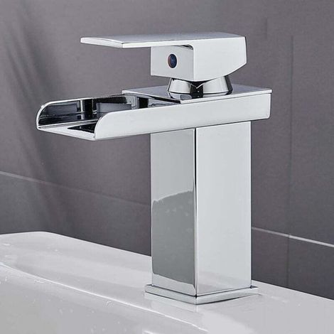 UlisemRobinet de salle de bain cascade chromé, robinet de lavabo en acier inoxydable, robinet de lavabo cascade à poignée unique, court (1/4)
