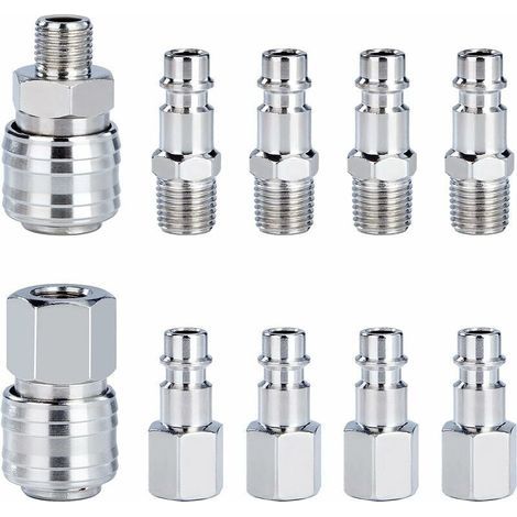 Raccord Rapide - 1/4" BSP - Pour Outils Pneumatiques et Compresseurs - Kit Connecteurs Homme Femme - 10 Pièces (1/5)