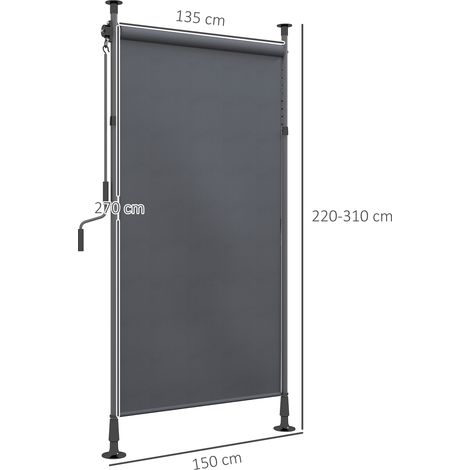 Store vertical rouleau de balcon 150x220-310cm, manivelle, polyester gris foncé, hydrofuge