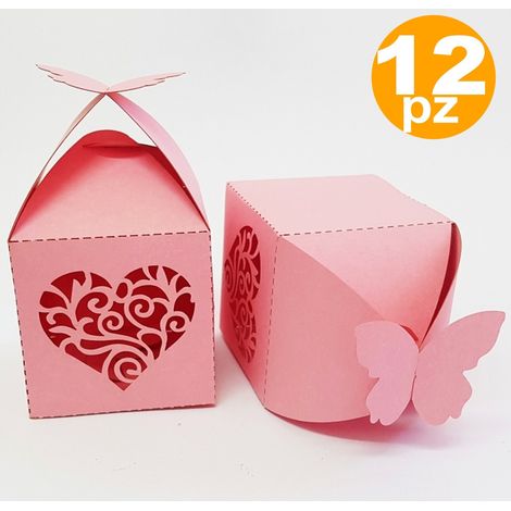 TrAdE Shop Traesio - Bomboniera Scatola Cuore Farfalla Rosa Portaconfetti Matrimoni Nascita Battesimo -