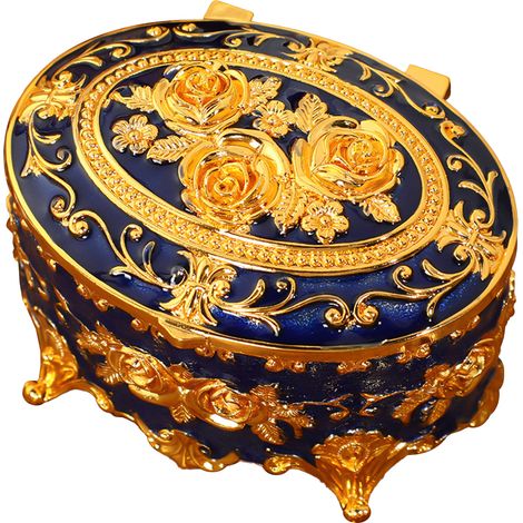 Boîte à bijoux métallique à décor floral avec serrure - Boîte coffret à bijoux élégante décorée de roses et de motifs émaillés en bleu roi pour rangement et présentation sur dressing. (1/2)