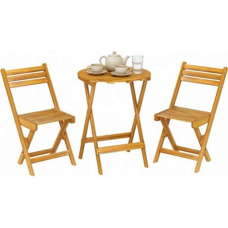 Ensemble bistro extérieur 3 pièces en bois d’acacia : 1 table ronde Ø60 cm + 2 chaises pliables, mobilier de jardin pour 2 personnes livré assemblé (1/5)