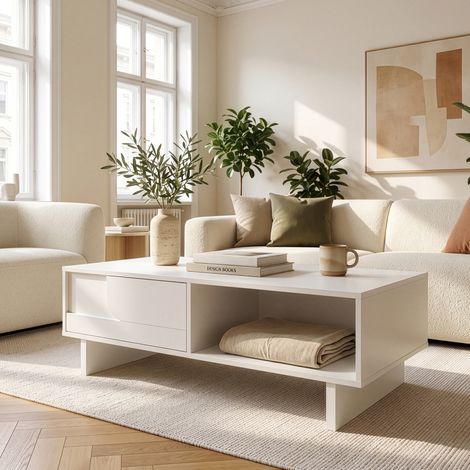 Tavolino da Salotto Katanshumn con Cassetto e 2 Vani Aperti 110 x 55 x 39 cm - Bianco [en.casa] (1/5)