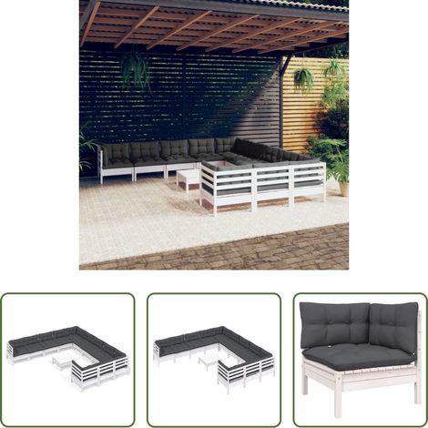 Holzgartenmöbel -  12-tlg. Garten-Lounge-Set mit Kissen Weiß Kiefernholz (1/5)