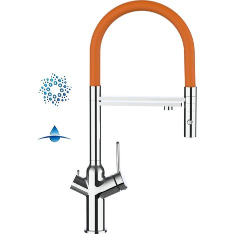 4 Wege Wasserhahn Kueche Spueltischarmatur Verchromt Kuechenarmatur mit Orange 360 schwenkbarem Auslauf und abnehmbare 2 strahl Handbrause - BOD Design
