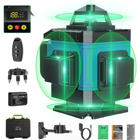 Niveau Laser Chantier Autonivelant 360° x 4, Lazer Niveaux 4D 16 Lignes Laser, Autonivellement et Mode Pulsé Extérieur, 2 x Batterie, Nivellement Automatique, Support Rotatif, Télécommande (Bleu)