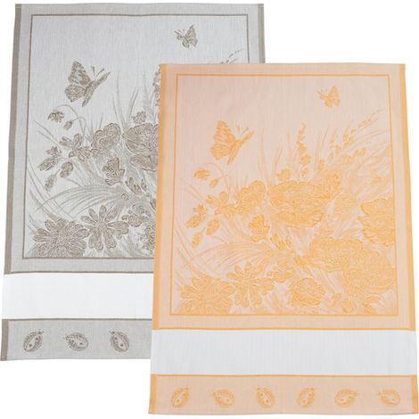 Lot de 2 torchons de Cuisine en Jacquard avec Insert en Toile Aïda 5.5 PTS/cm à Broder, Parfaits pour sécher la Vaisselle, fabriqué en Italie, Motif Fleurs, Couleur Jaune et Corde (1/3)