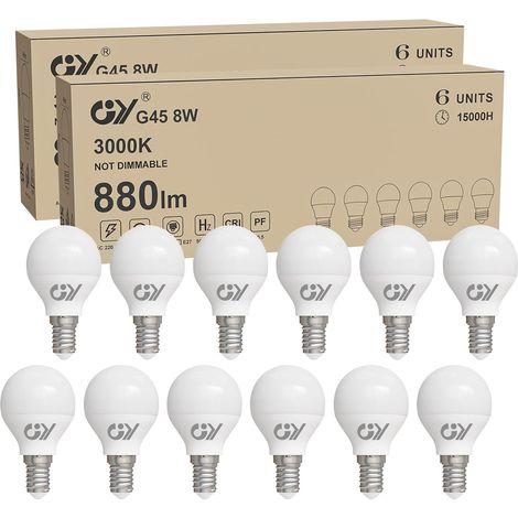 GY Ampoule LED E14 8W (équivalent 80W), 880 lumens 3000K Blanc Chaud, G45 Ampoule E14 LED Efficacité Energétique, E14 LED Angle de faisceau de 280° Non-Dimmable, Lot de 12 (1/5)
