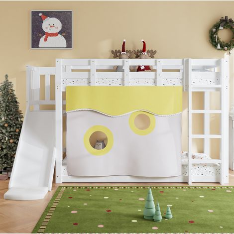 Letto bambino a soppalco 90x200 con scivolo, tende, scala e sbarre, bianco HAVRYA (1/5)