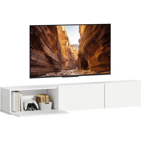 Meuble TV Suspendu 180 cm Blanc pour Téléviseur jusqu'à 82 Pouces avec 3 Portes Rabattables et Système de Fermeture Douce (1/5)