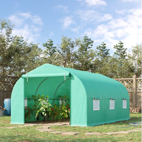 Invernadero de jardín (450x300x205 cm), con puertas enrollables y ventanas laterales, estructura de acero, polietileno verde (1/5)