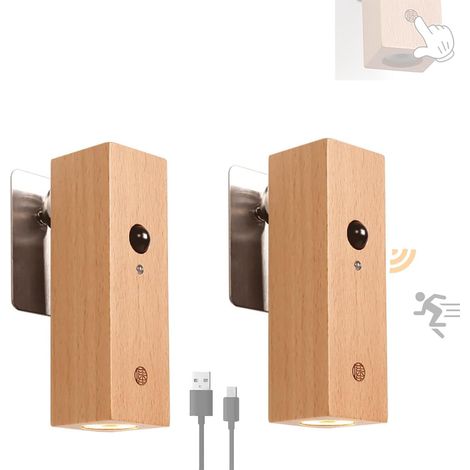 Applique Murale avec Detecteur de Mouvement Sans Fil Rechargeable USB Réglage 360° Pivotant Tactile Luminaire Mural LED Intérieure Chambre Lampe Murale Chevet Bois pour Chambre Salon (2 Pièces) [Class (1/5)