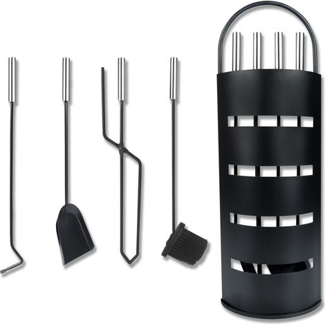 Serviteur de cheminée Lot de 5 accessoires de cheminée en acier inoxydable avec support, balai, pinces, tisonnier et pelle à cendres Noir HENGMEI-DOU