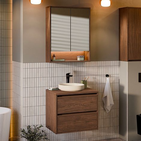 Waschtisch-Set mit Einzelwaschbecken 60 cm und Spiegelschrank Edmé dunkles Holz (1/5)