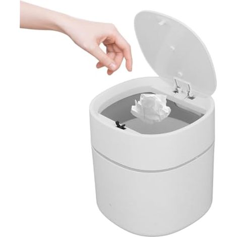 Mini poubelle de table 1,5 L avec couvercle - Poubelle en plastique 13 x 14 cm avec ouverture par bouton-poussoir pour bureau, chambre, salle de bain et cuisine (blanche) (1/5)