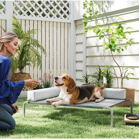 Cama elevada exterior para perro mediano 110 x 75 x 30 cm con cojín en L gris claro DESVIAE (1/5)