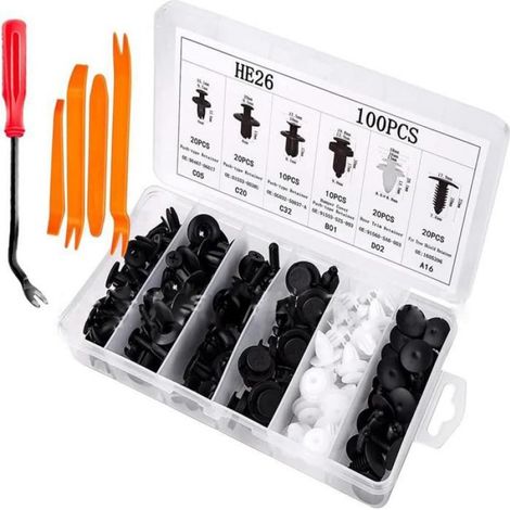 Kit 100 Clips fixation voiture, 6 tailles, Nylon, Outil retrait, Garnitures portières pare-chocs (1/5)