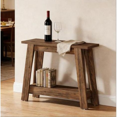 Tavolo consolle in MDF marrone rustico 105 cm, stretto a 2 ripiani per ingresso o dietro divano (1/5)