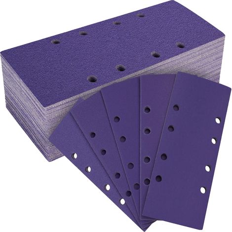 50 Pièces Feuilles Abrasives Céramique 93x230mm, Grain 60/80/120/240/400 Papier a Poncer 8 Trous Rectangulaire Papier de Verre pour Ponceuse Orbitales Ponçage Bois Métal Peinture (1/5)