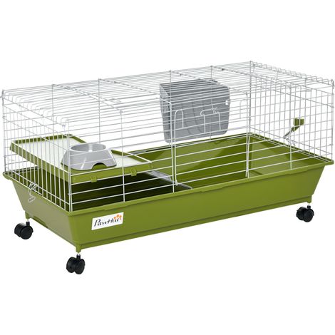 PawHut jaula para animales pequeños con ruedas, botella de agua, comedero, dispensador de heno, bandeja, para conejos, cobayas, 89x44x43 cm, verde (1/5)