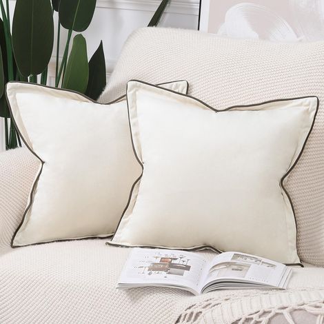 JSSEVN - Set of 2 Soft Decorative Velvet Fringe Cushion Covers for Sofa Bedroom, Cream White, 45 x 45 cm (1/4)