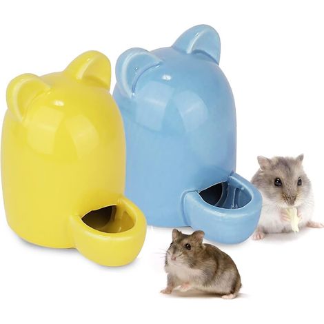 2 bouteilles eau hamster céramique 250 ml, pour souris, rat, cochon d’Inde, bleu/jaune (1/4)