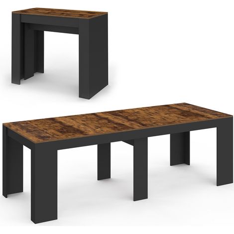 Idmarket – Table console extensible 10 personnes 235 cm – Bois effet vieilli et noir – Compacte 90 cm x 47 cm – 4 rallonges de 47 cm