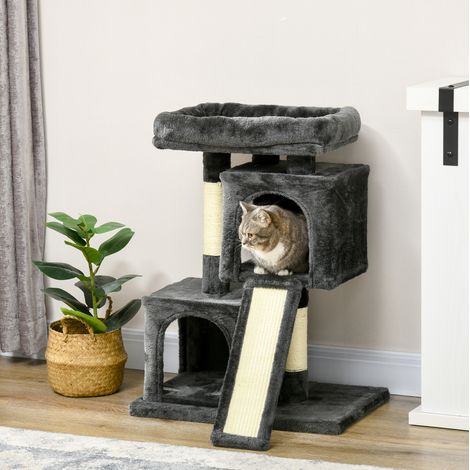 Árbol rascador para gatos (59x39x83 cm), con columna de sisal y rascador, tablero de partículas, gris oscuro (1/5)