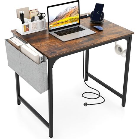 COSTWAY Computer Desk Small Home Office Desk w/ Charging Station-Brown (1/5)