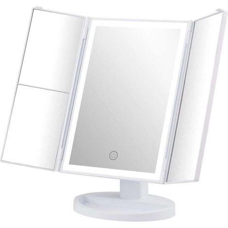 Miroir Maquillage Lumineux, 2X/3X Miroir Grossissant Lumineux, Miroir Pliable, Rotation à 180°, Alimentation par Batterie ou USB, Interrupteur Tactile, Luminosité Réglable, Blanc (1/4)