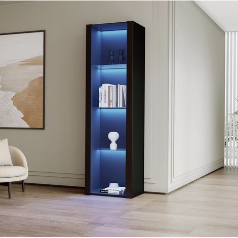 Vitrine en panneaux de particules noir brillant avec LED, 3 tablettes en verre, 55 x 38 x 166 cm (1/5)