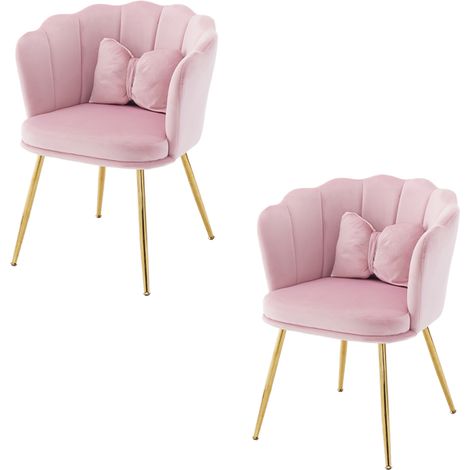 Lot de 2 fauteuils de salon modernes en velours, chaises rembourrées pour salle de bain, avec dossier à motif pétale, pieds en métal doré et coussins papillon pour la chambre et la salle à manger, ros