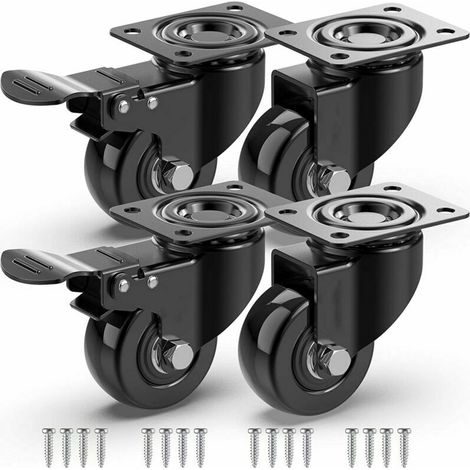 4 roulettes pivotantes pour meuble dont 2 à frein + vis - roulette sans repères au sol pour charges lourdes - roue caoutchouc pour chariot - noir (1/5)