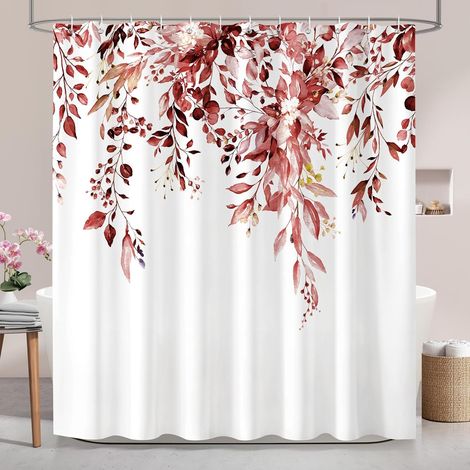 Rideau de Douche Botanique Rouge Feuilles 180x180 cm,Lavables Textile Rideau de Bain imperméable pour Baignoire avec 12 Crochets (1/5)