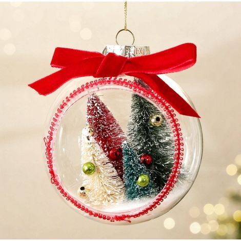Boule de Noël transparente 10 cm, décor intérieur mini sapins, ornement suspendu avec nœud velours rouge (1/3)
