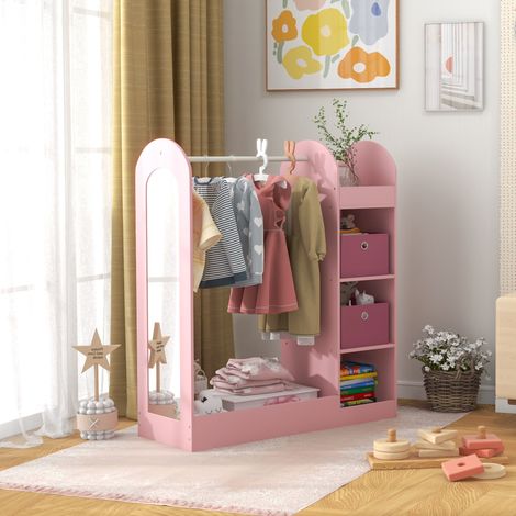 Perchero infantil con estante de almacenamiento, cajas y espejo para dormitorio, color rosa.