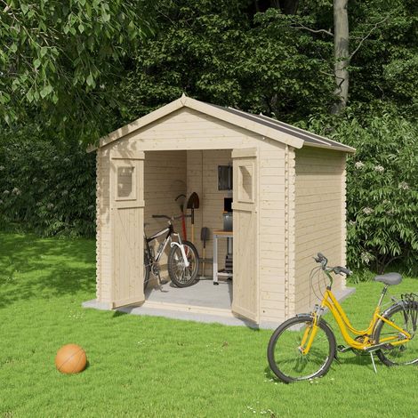 Trigano – Abri de jardin bois brut 6 m² – Ouverture double à portes vitrées – Parois 19 mm – Hauteur 1,83 m pour rangement facile