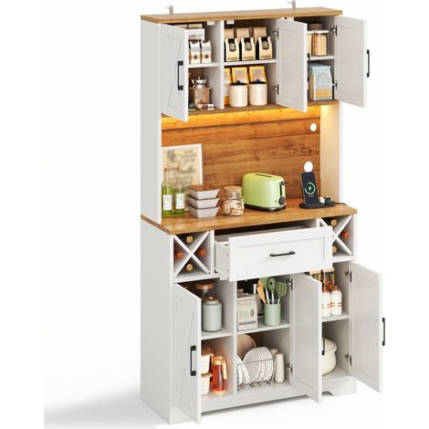 CHICFURN Credenza cucina alta 105 x 40 x 180 cm MDF naturale e bianco, LED, portabottiglie (1/5)