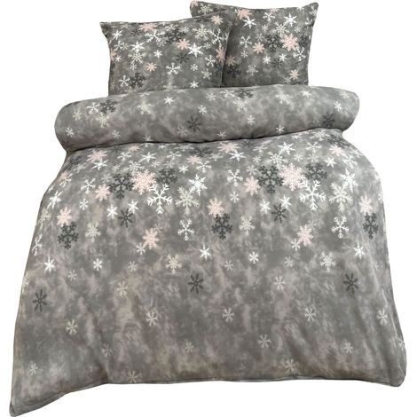 Fleece Bettwäsche aus 100% Polyester Bezug mit Schneeflockenmotiv in Grau 200x200 cm (1/5)