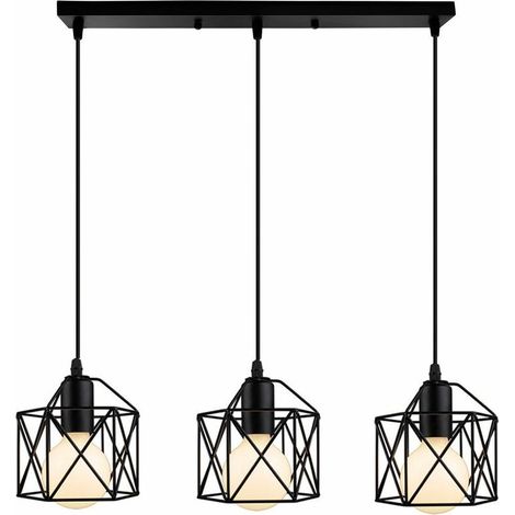 Suspension Luminaire Industriel Cage Cube Vintage , Eclairage de Plafond Lustre Abat-Jour 3 Edison Culot E27 Lampe de Plafond , Noir BLOW (1/4)