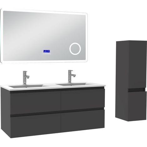 Acezanble ensemble meuble 120 cm anthracite avec 4 tiroirs à fermeture automatique, lavabo céramique + miroir salle de bain Bluetooth tricolore + colonne, suspendu