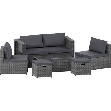 Islay 6 Seater Rattan Garden Furniture Set with Table Chairs Cushions and Protective Cover Grey