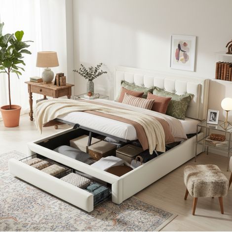 Bett 140x190 cm in beigem Samt mit verstellbarem Kopfteil, Lattenrost und Stauraum (1/5)