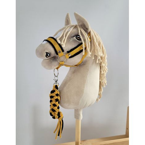 Ensemble Hobby Horse : Licol A3 avec fourrure noire + longe en corde - Noir et moutarde (1/5)
