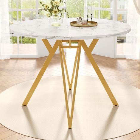 Table à manger ronde pour 4 personnes, plateau en marbre, pieds en métal, idéale pour la cuisine/salon, 100×100×76 cm, MDF, blanc et jaune (1/5)
