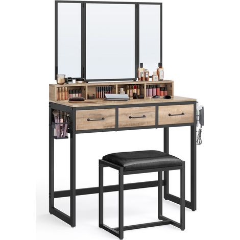 Vasagle – Coiffeuse enfant avec miroir triple – 3 tiroirs – 90 x 40 x 141 cm – Panneau d’aggloméré et acier – Kit anti-basculement inclus (1/5)