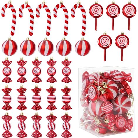 JSSEVN - Weihnachtskugeln und Zuckerstangen-Dekorationen, 30er-Set funkelnde Weihnachtsbaumdekorationen, rot und weiß, Glitzer, Zuckerstange, Lutscher (1/5)